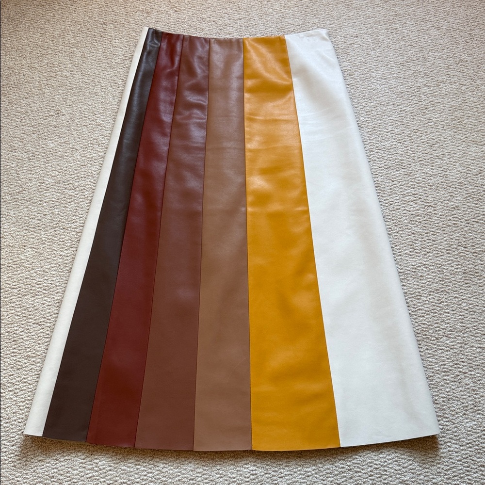 MOTHER A-Line Leather Stripe Skirt in White, Mustard, Brown & Tan